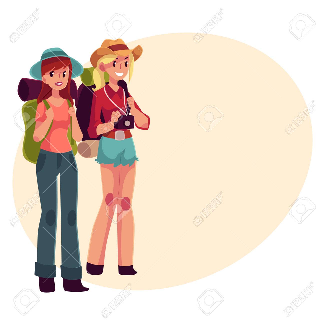 旅行 2 つの可愛い女の子はバックパックとカメラ ヒッチハイクのテキストと背景のイラストを漫画します 女性バックパッカー ヒッチハイク バックパックで旅行の友達 のイラスト素材 ベクタ Image 6547