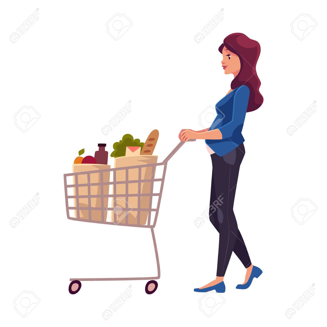 Young Pregnant Woman Pushing Shopping Cart With Grocery Products, Cartoon  Vector Illustration Isolated On White Background. Beautiful Pregnant Woman  Buying Food With Shopping Cart In Grocery Store Royalty Free SVG, Cliparts,  Vectors,, image size:1300x1300
