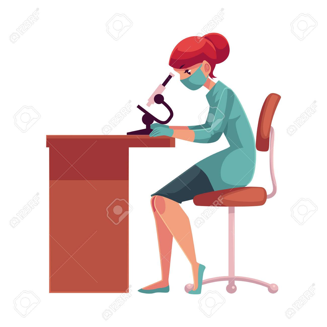 Lab Assistant De Laboratoire Technicien Portant Un Masque Et Des Gants De Caoutchouc Medical Est Assis A La Table Et Regarde Dans Un Microscope Dessin Anime Illustration Isole Sur Fond Blanc Laborantin