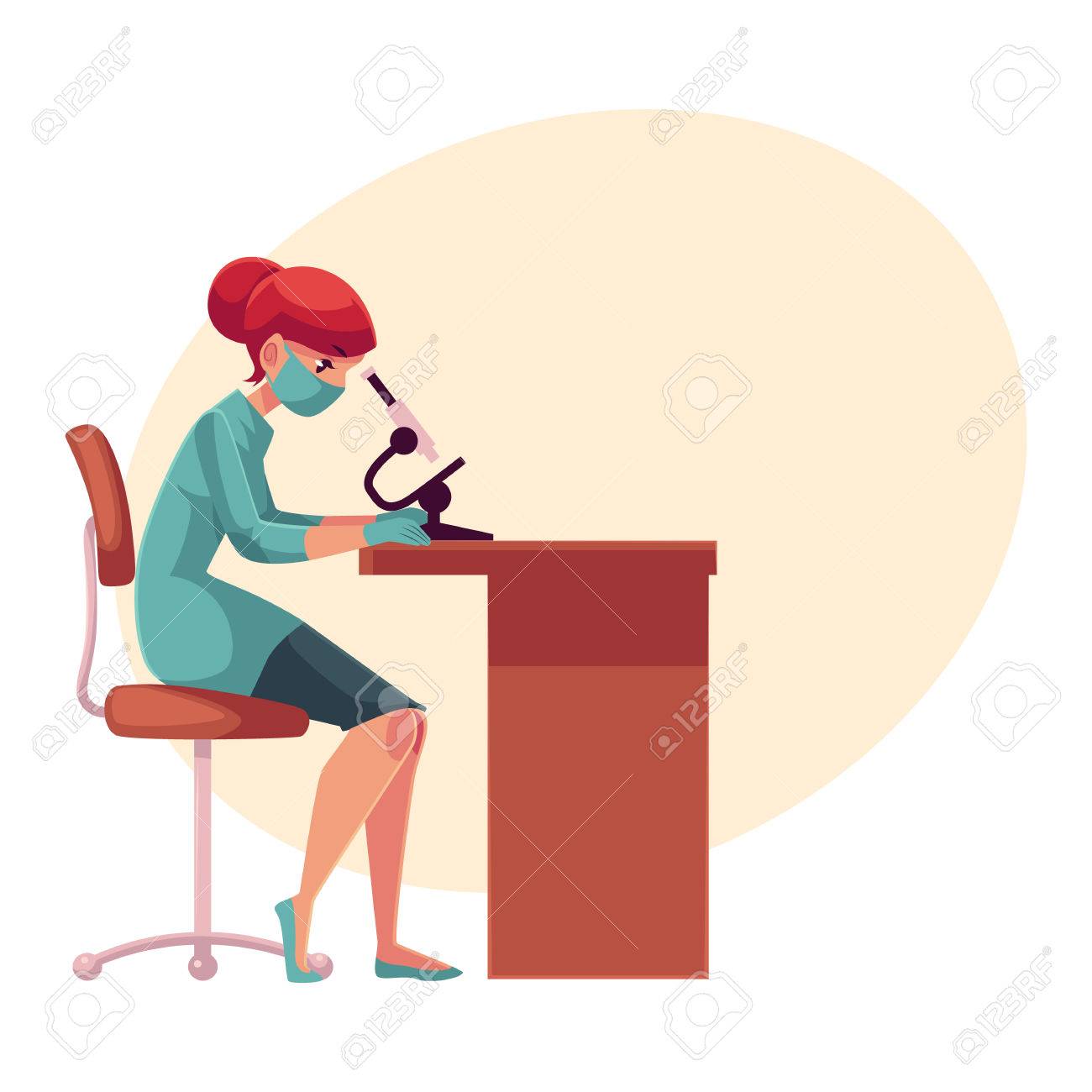 Lab Assistant De Laboratoire Technicien Portant Un Masque Et Des Gants De Caoutchouc Medical Est Assis A La Table Et Regarde Dans Un Microscope Vecteur De Dessin Anime Sur Fond Avec Place