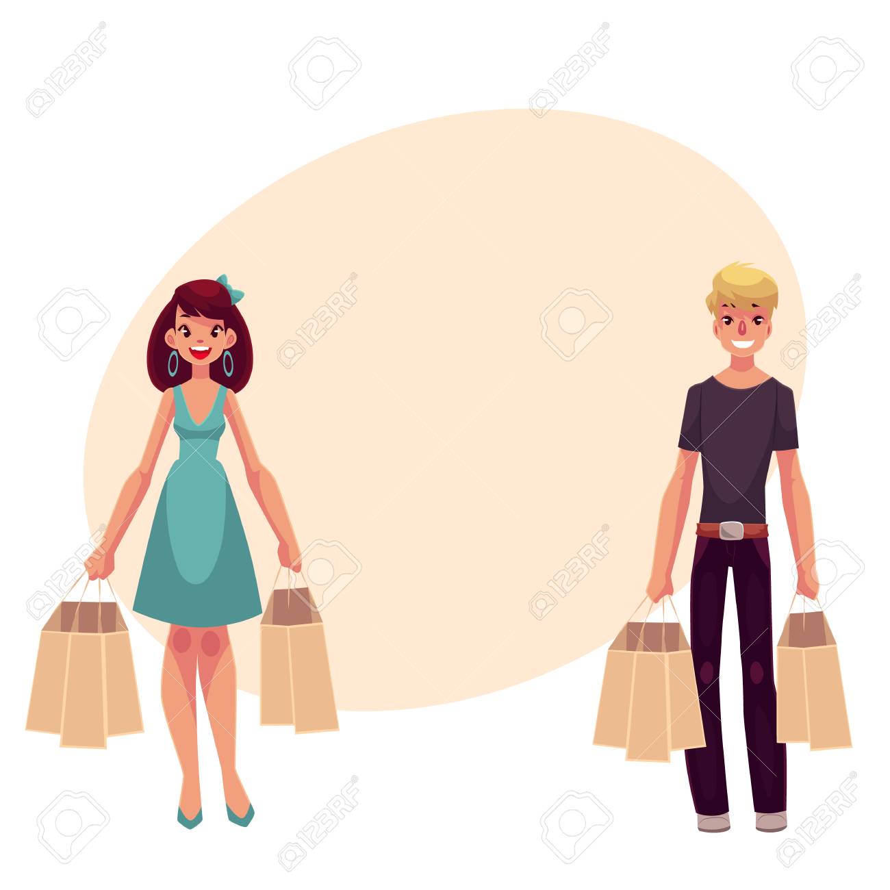 El hombre y la mujer con bolsas de la compra. ilustración vectorial de dibujos animados de la mujer y el hombre va plana con teléfono y paquetes en El hombre y la mujer con bolsas de la compra. ilustración vectorial de dibujos animados de la mujer y el hombre va plana con teléfono y paquetes en