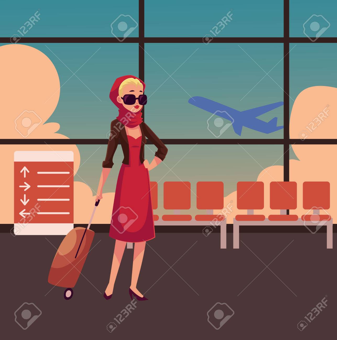 若い可愛い飛行機のビューと空港ターミナル内部のスーツケースと赤いドレスの女性です 美しい少女の完全な長さの肖像画 荷物を持って女性旅行者のスーツケース のイラスト素材 ベクタ Image