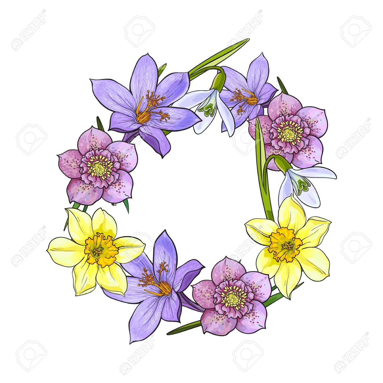 春の花 装飾要素のフレーム ラウンドには 白い背景で隔離のベクトル図をスケッチします 手のラウンド フレーム バナー ラベルのデザインとして描かれたリアルな早春の花 のイラスト素材 ベクタ Image