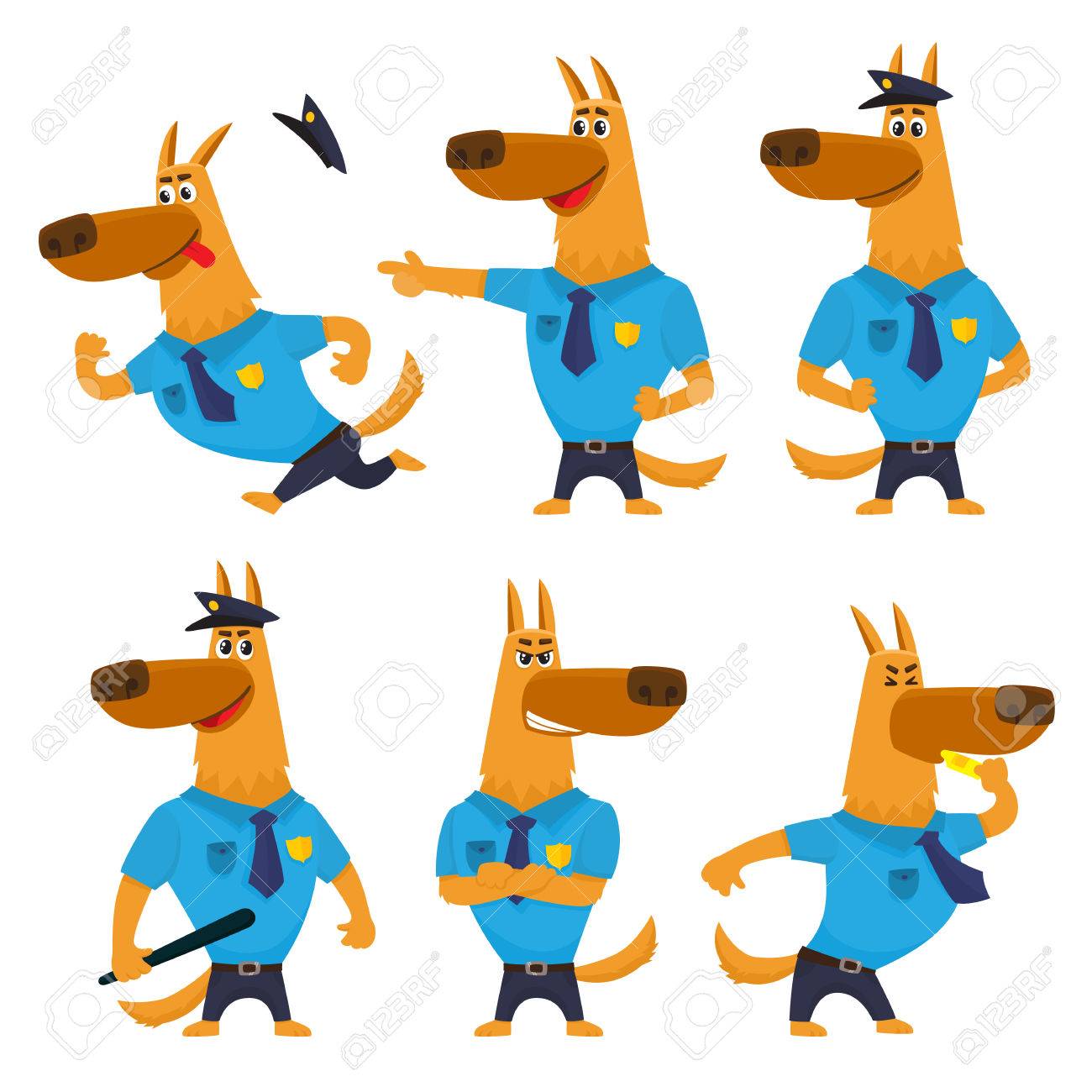 制服警官 実行して 面白いシェパード犬文字の設定 笛を吹いて 立って漫画ベクトル イラスト分離された警察犬文字位置が異なるのイラスト素材 ベクタ Image