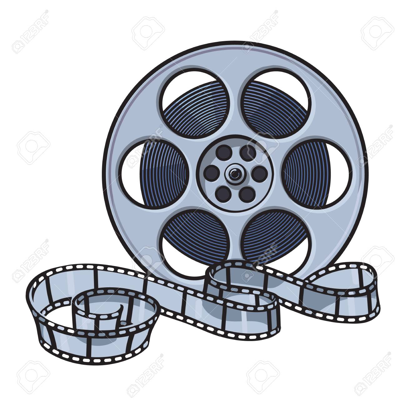 Classical motion picture, cinema film reel, sketch style illustration isolated on white background. Hand drawn film reel, cinema object, footage material - 72175920