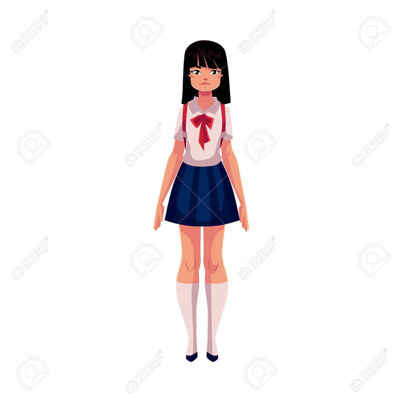 Colegiala Adolescente Japonesa En Uniforme Típico Con Falda Corta Y Pajarita Roja, Ilustración Vectorial De Dibujos Animados Aislado Sobre Fondo Blanco. Retrato De Cuerpo Entero De Colegiala Japonesa Típica Svg, Vectoriales,