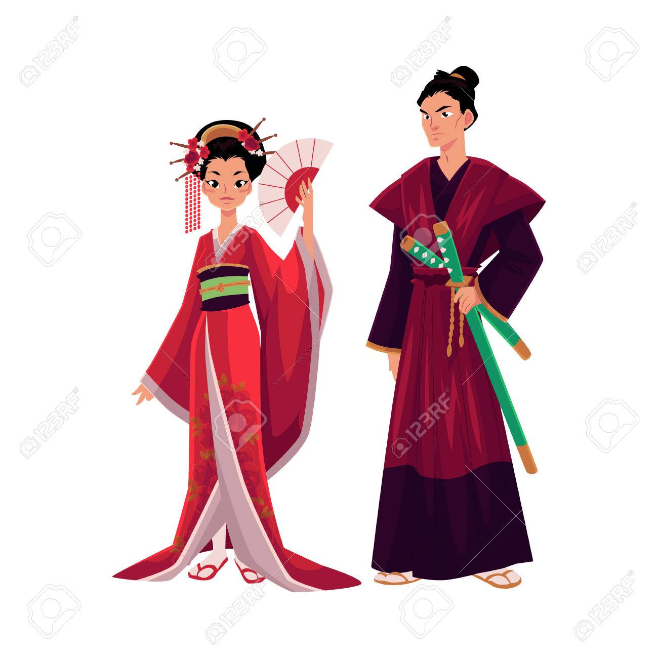 japanese geisha and samurai in traditional kimono symbols of