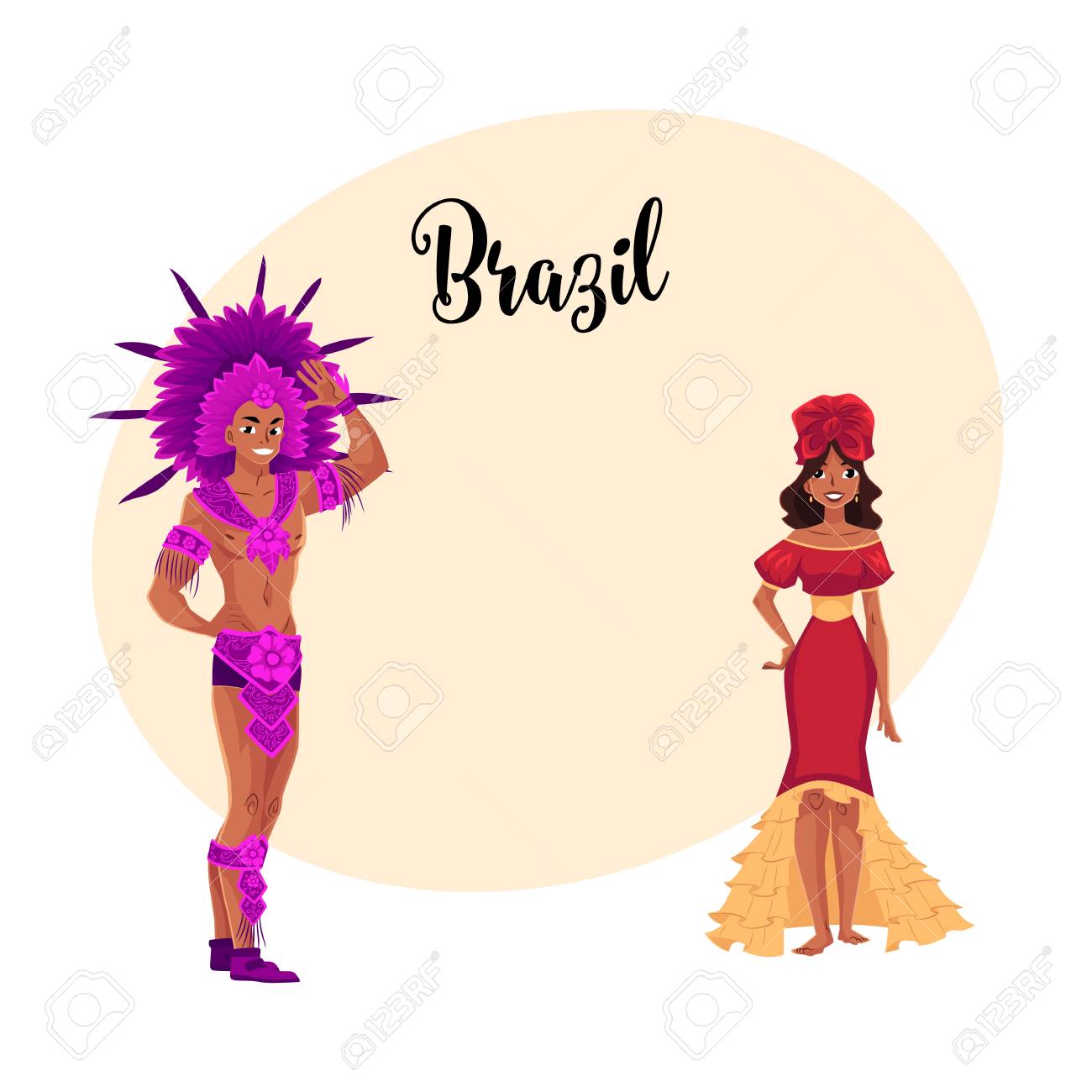 ブラジルのカーニバルのリオ デ ジャネイロ 祭ドレスでサンバ ダンサーに身を包んだ男女は漫画テキストのベクトル図です カーニバルのスーツでブラジルのカップルのイラスト素材 ベクタ Image