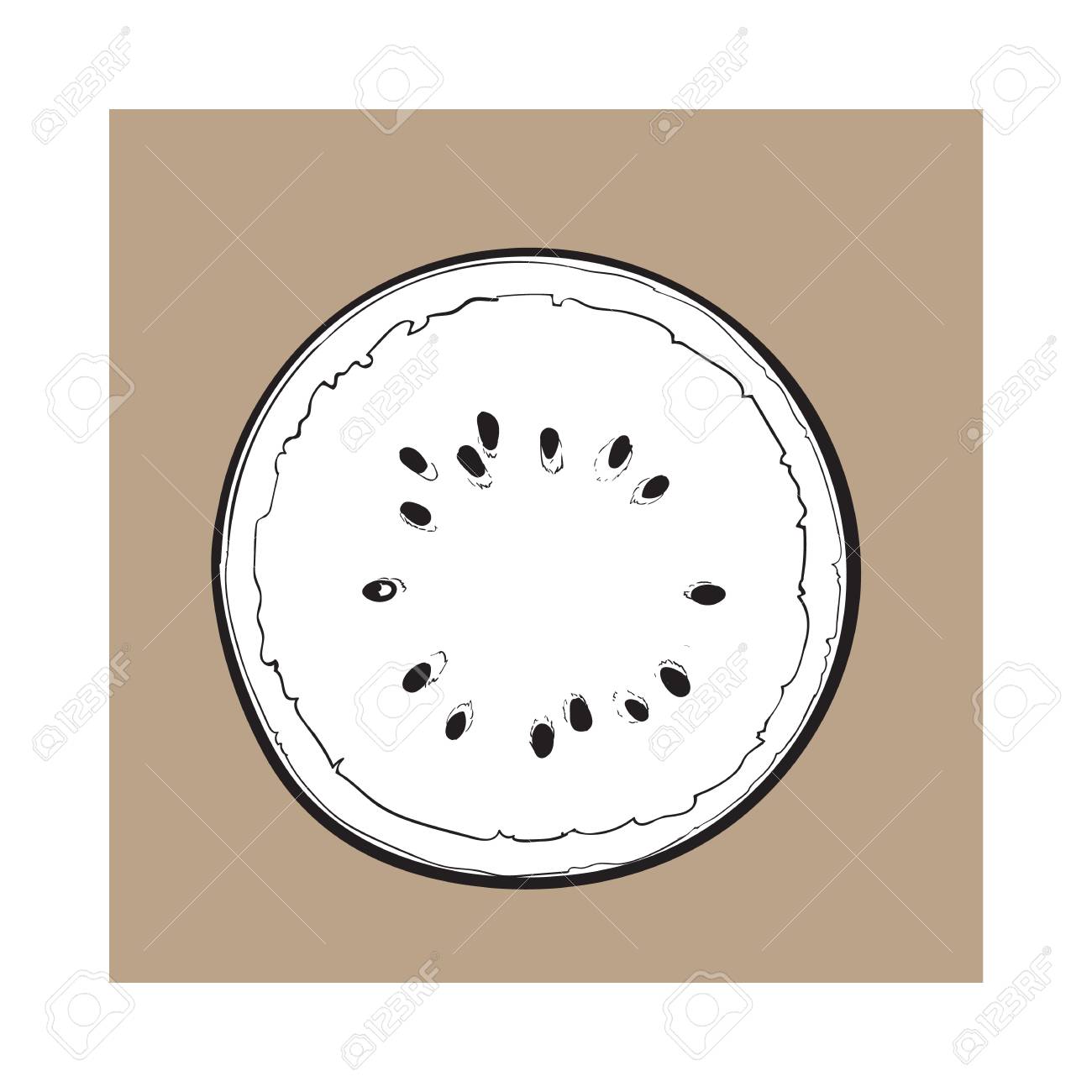 Black and white half of ripe watermelon with black seeds top