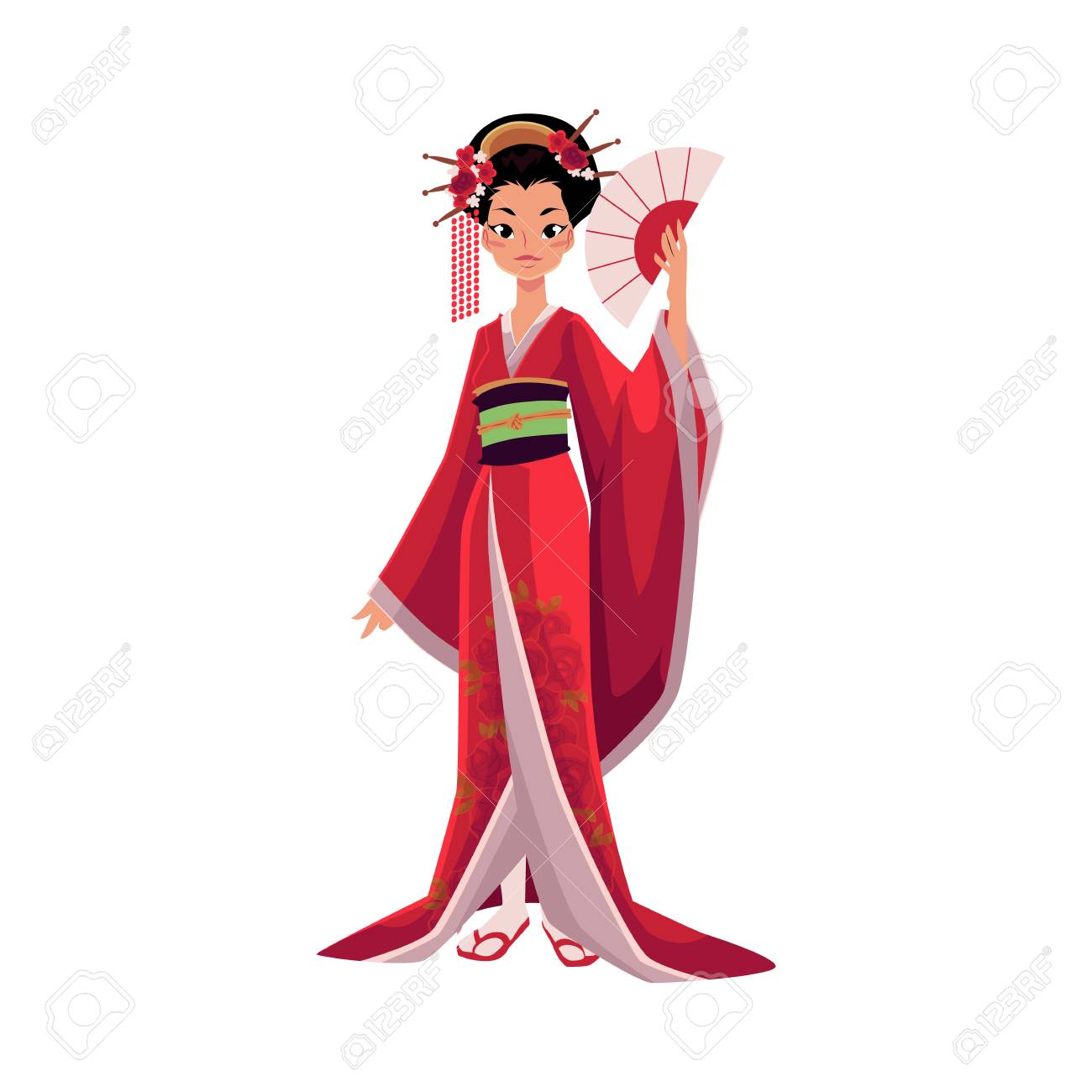 Japanese Geisha In Kimono Holding Fan Symbol Of Japan Cartoon Vector Illustration Isolated On White Background Full Length Portrait Of Typical Japanese Geisha In Traditional Kimono Royalty Free Cliparts Vectors And Stock