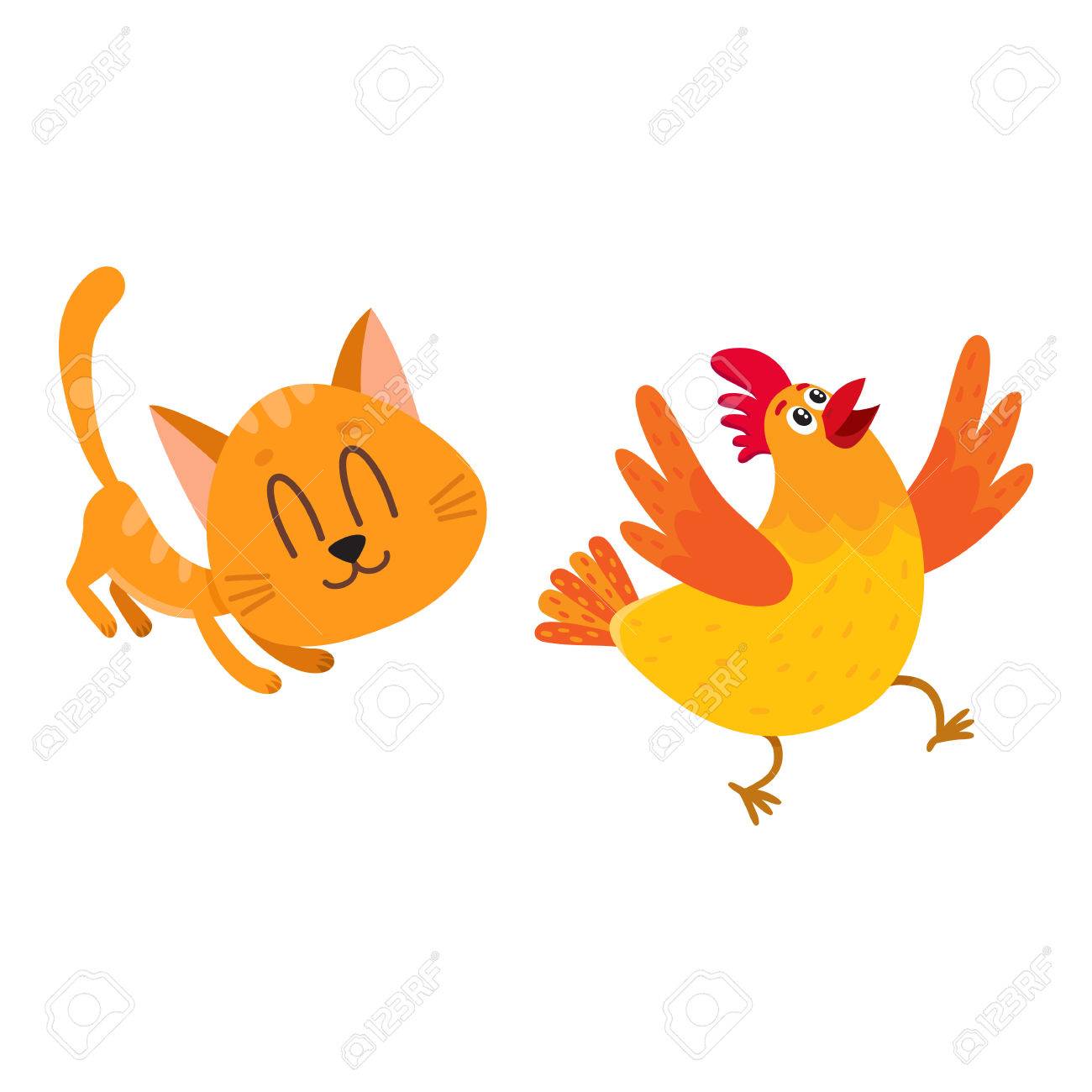Chat Roux Drole Personnage De Chats En Chasse Jouant Avec Du Poule Cackling En Fuite Illustration Vectorielle De Bande Dessinee Isolee Sur Fond Blanc Clip Art Libres De Droits Vecteurs Et