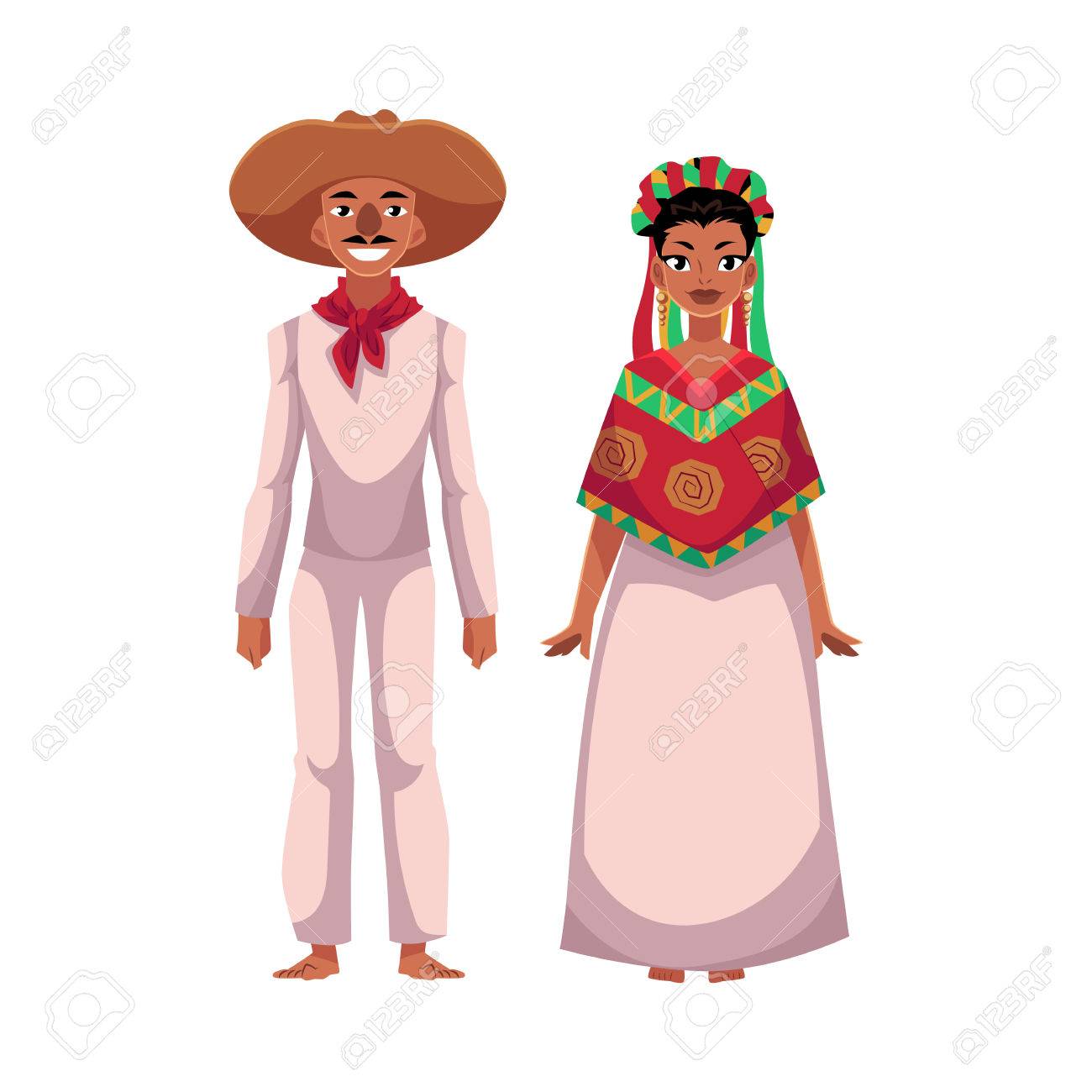 メキシコ人男性と伝統的な国民服 ソンブレロ 頭の花輪 ポンチョ 白い背景で隔離の漫画ベクトル図の女性 メキシコの夫婦 男と女 民族衣装 のイラスト素材 ベクタ Image