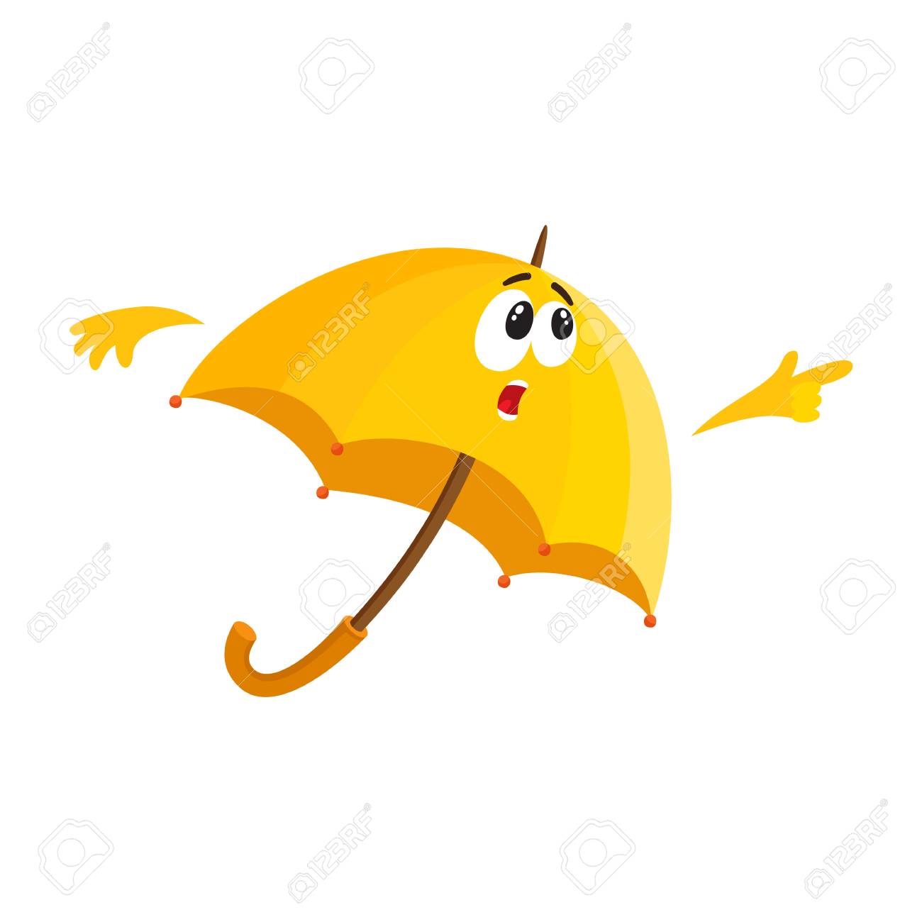 Carácter Amarillo Divertido Del Paraguas Con El Rostro Humano Que Señala Algo Con Sorpresa, Ejemplo Del Vector De La Historieta Aislado En El Fondo Blanco. Paraguas, Parasol, Mascota, Con Dedo Acusador.