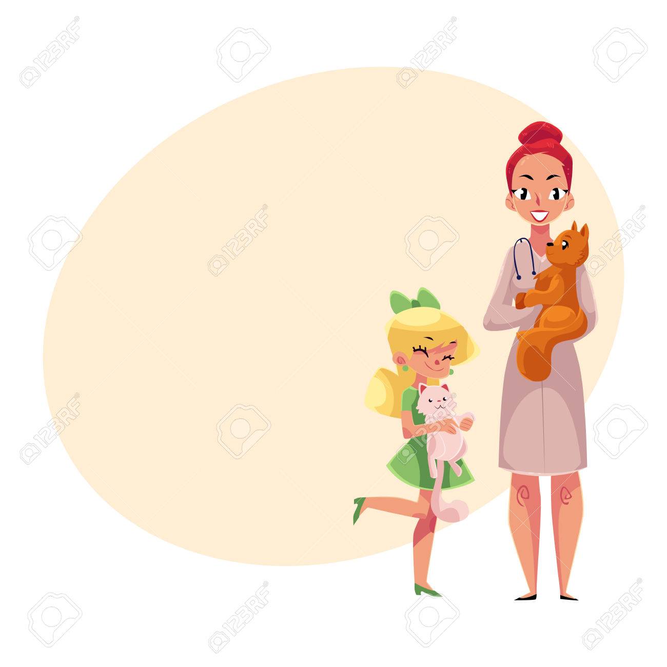 Femme Femme Medecin Veterinaire Veterinaire En Blouse Medicale Blanche Et Petite Fille Tenant Des Chats Illustration De Vecteur De Dessin Anime Avec Place Pour Le Texte Medecin Veterinaire Veterinaire Et Fille Animal