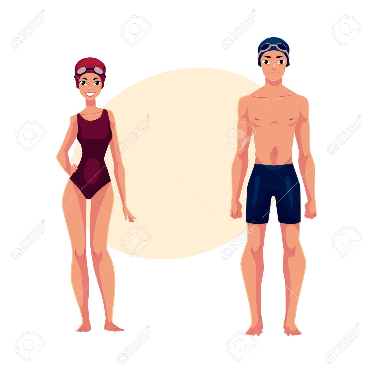 De El Trajes BañoGorrasIlustración Para Animados Dibujos Pareja Con Texto Y NadadoresHombre MujerEn Vectorial Lugar PiOZXku