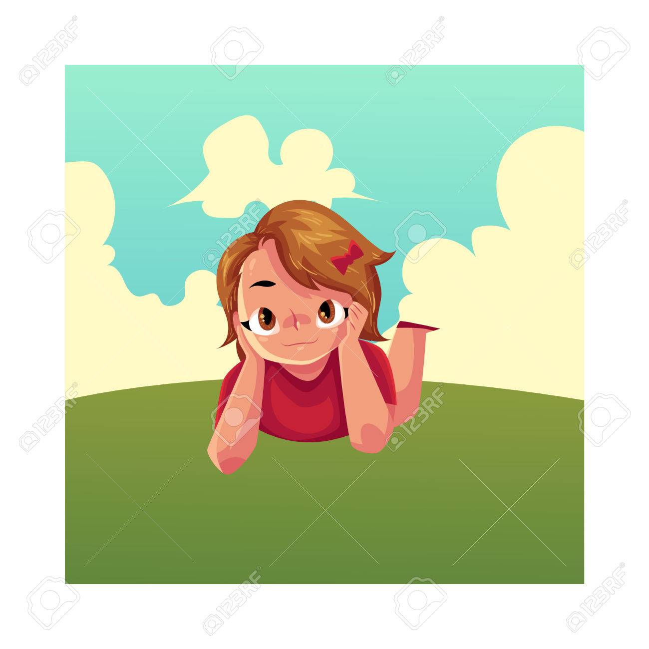 Teenage Girl With Short Brown Hair And Big Eyes Lying On Green