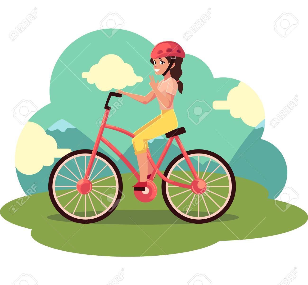 若い可愛い女性 女の子 自転車に乗ってサイクリング 漫画のベクトル図です 完全な長さ サイクリング 田舎で若いきれいな女性の側面ビュー肖像画 の イラスト素材 ベクタ Image