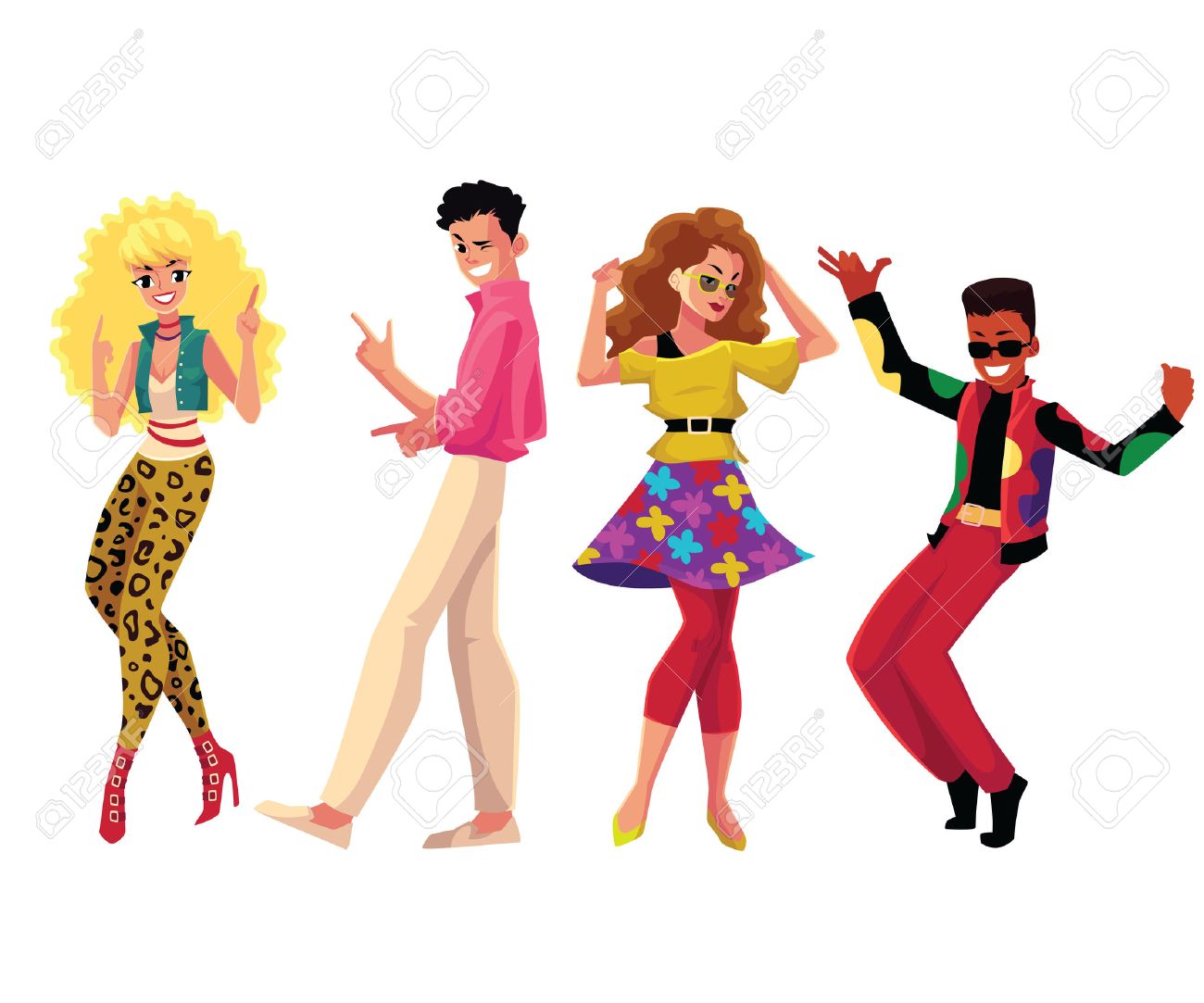 Les Gens Dans Les Années 1980, Des Années 80 Style De Vêtements Dansant Disco, Dessin Animé Illustration Vectorielle Isolé Sur Fond Blanc.