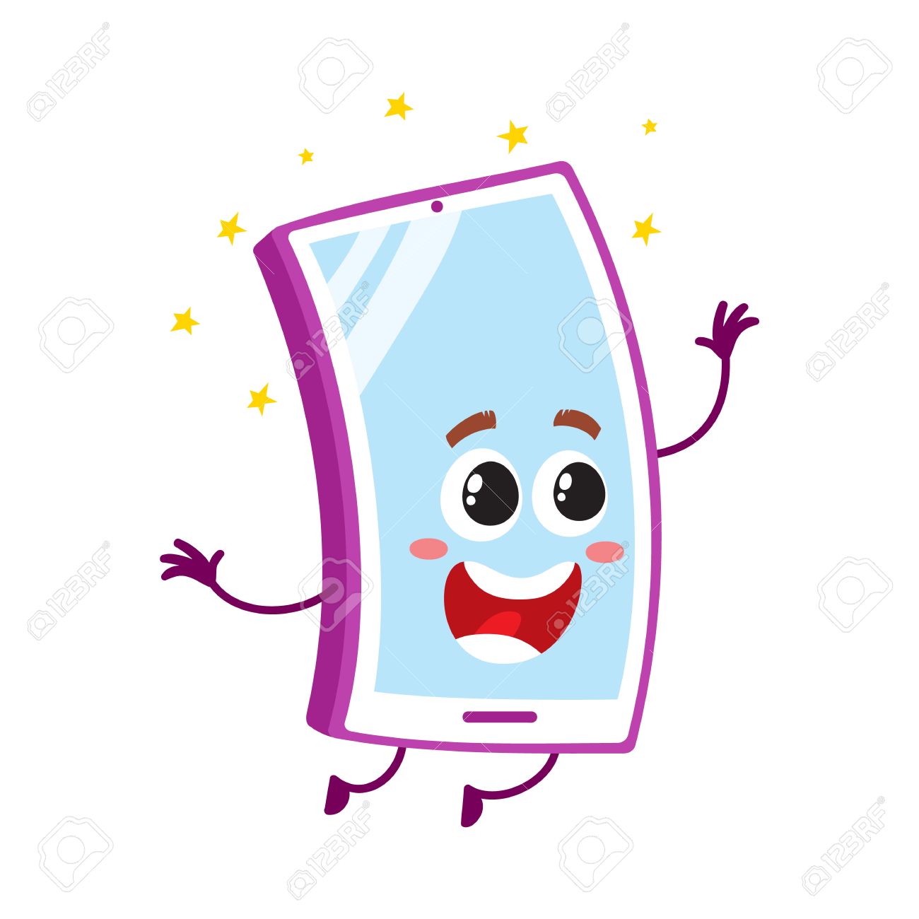 面白い漫画携帯電話スマート フォン文字大きな目と口を大きく開けてジャンプと喜んで ベクトル白い背景で隔離の図 興奮して漫画の携帯電話 スマート フォンの 文字のイラスト素材 ベクタ Image