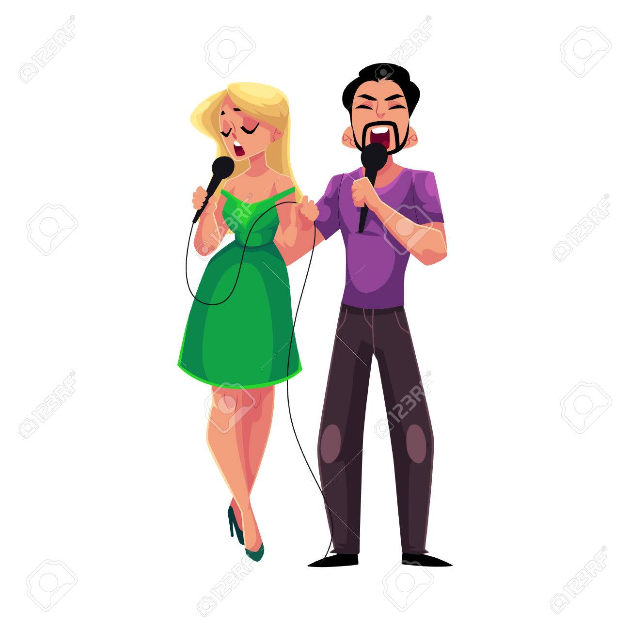 男と女の歌のデュエット マイク カラオケ パーティー コンテスト 競争 白い背景で隔離のベクトル図を漫画します 2 つのカラオケ歌手 男と女 一緒に歌う のイラスト素材 ベクタ Image