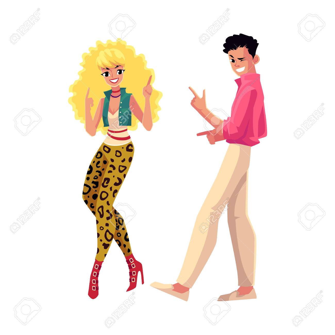 Jeune Couple, Homme Et Femme, Dans Les Années 1980, Vêtements De Style Années 80 Dansant Disco, Illustration Vectorielle De Dessin Animé Isolé Sur Fond