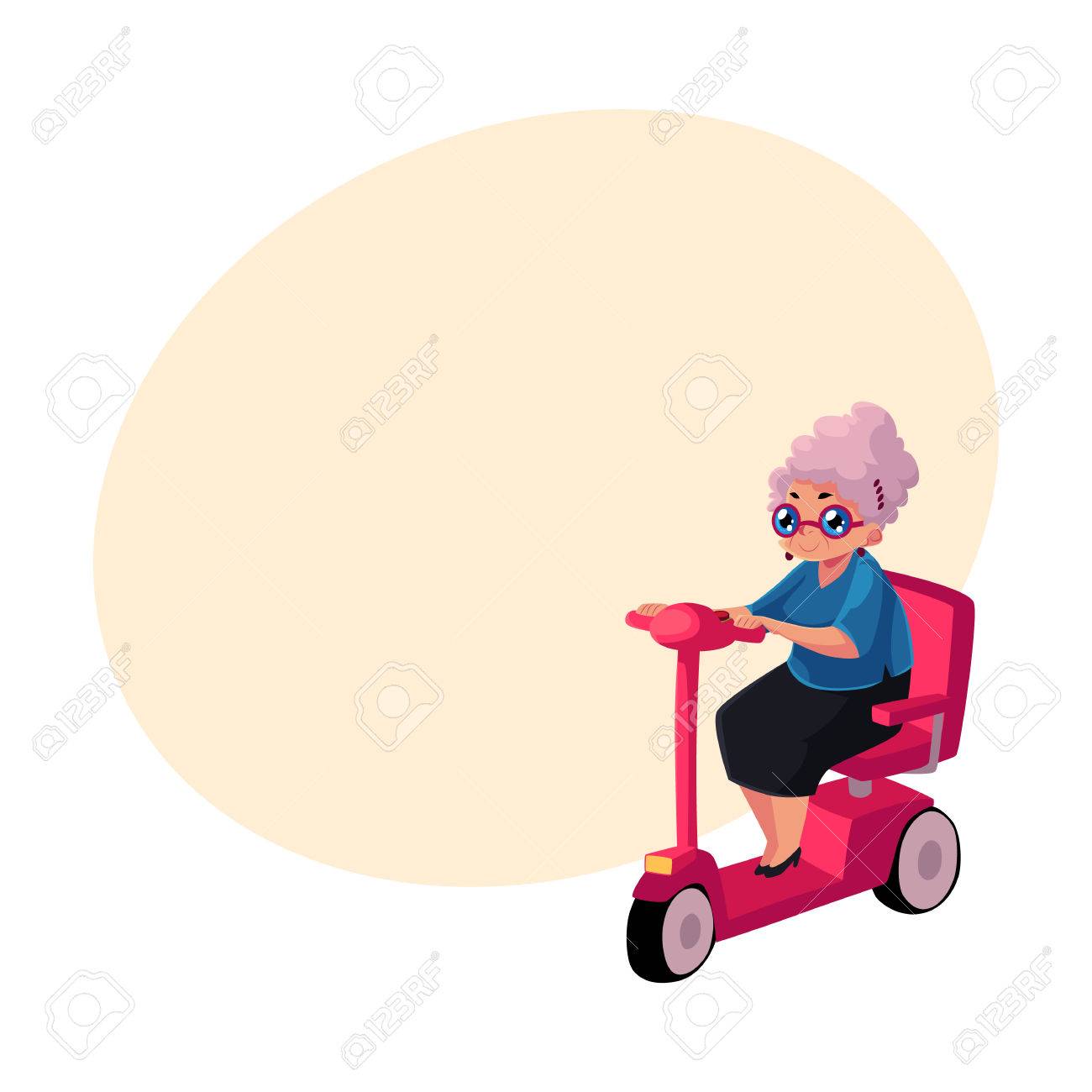 Stylish Old Lady Driving Riding Modern Scooter Moped Personal Transport Concept Cartoon Stylish Old Lady Driving Riding Modern Scooter Moped Personal Transport Concept Cartoon
