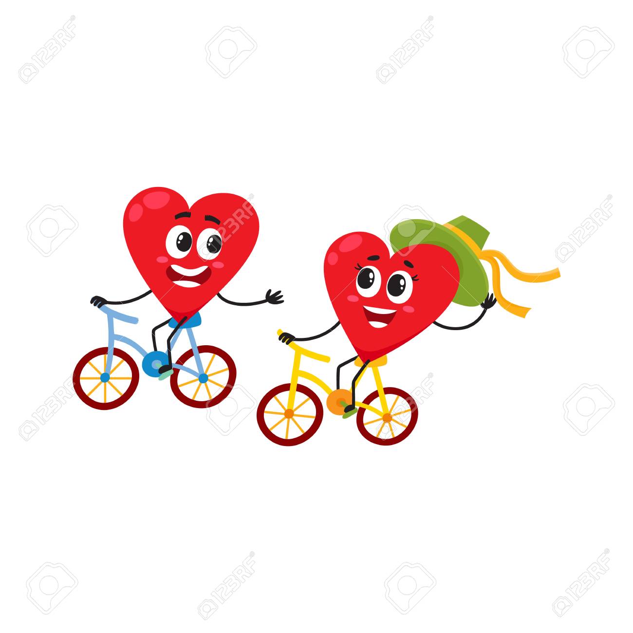 一緒にサイクリング 2 つの心 愛の概念のいくつかは 自転車に乗って漫画白い背景のベクトル図です 面白いカップル楽しんで心の感情 愛自転車に乗って のイラスト素材 ベクタ Image