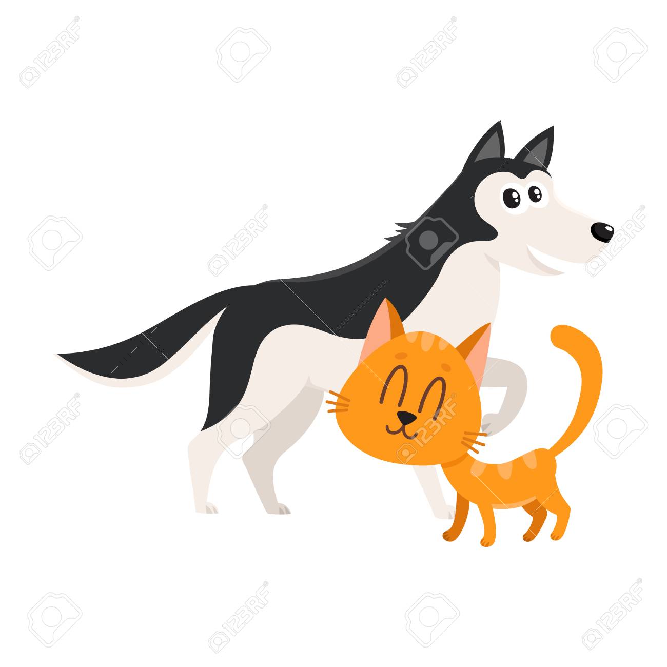 Husky Chien Chien Et Chat Rouge Personnages De Chaton Animaux De Compagnie Concept Damitié Illustration De Vecteur De Dessin Animé Isolé Sur Fond