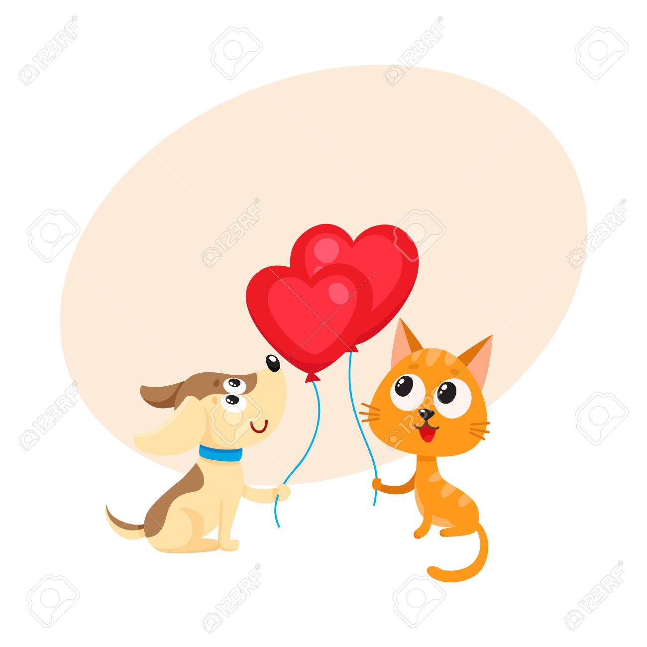 Chien Mignon Et Drole Et Chat Tenant Le Ballon En Forme De Coeur Rouge Illustration De Vecteur De Dessin Anime Avec Un Espace Pour Le Texte Chiot Et Chaton Tenant Le Ballon