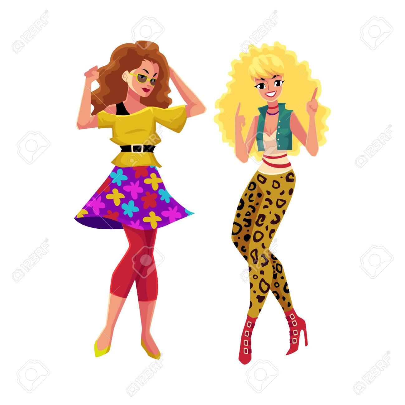 Deux filles, femmes, amis dans les années 1980, vêtements de style années 80 danse disco, illustration de vecteur de dessin animé isolé sur fond