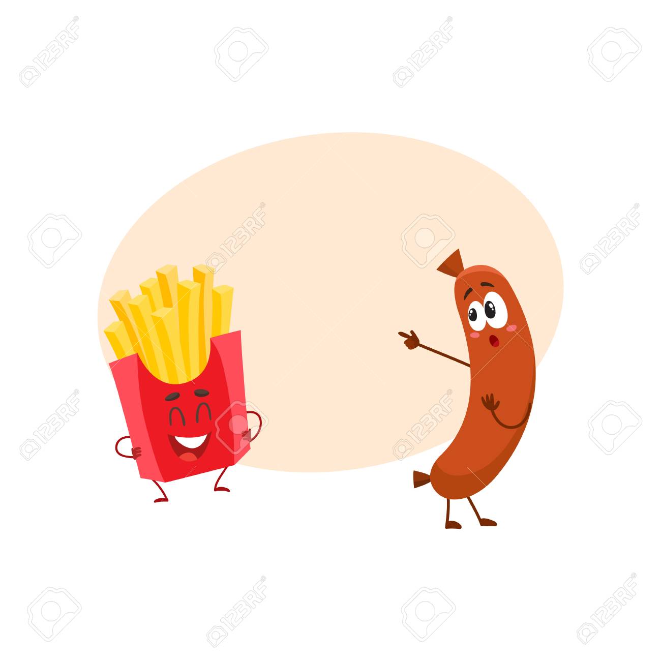 Caractere De Rire Frites Francais Drole Et Saucisse Pointant Vers Lui Avec Concept De Restauration Rapide Illustration De Vecteur De Dessin Anime Avec Un Espace Pour Le Texte Personnages De Saucisses Et