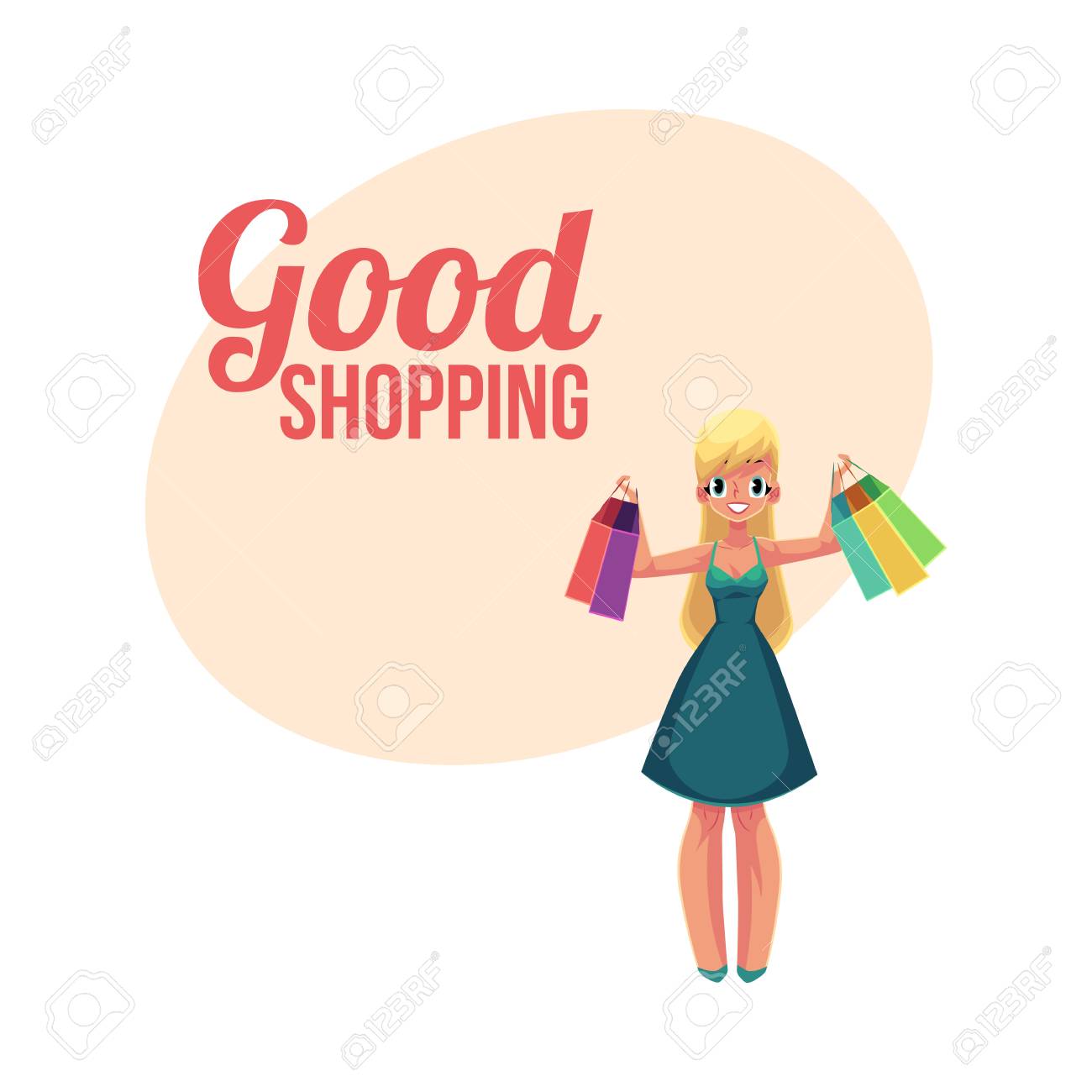 幸せポスター ブロンドの女の子とバナー テンプレートをショッピング