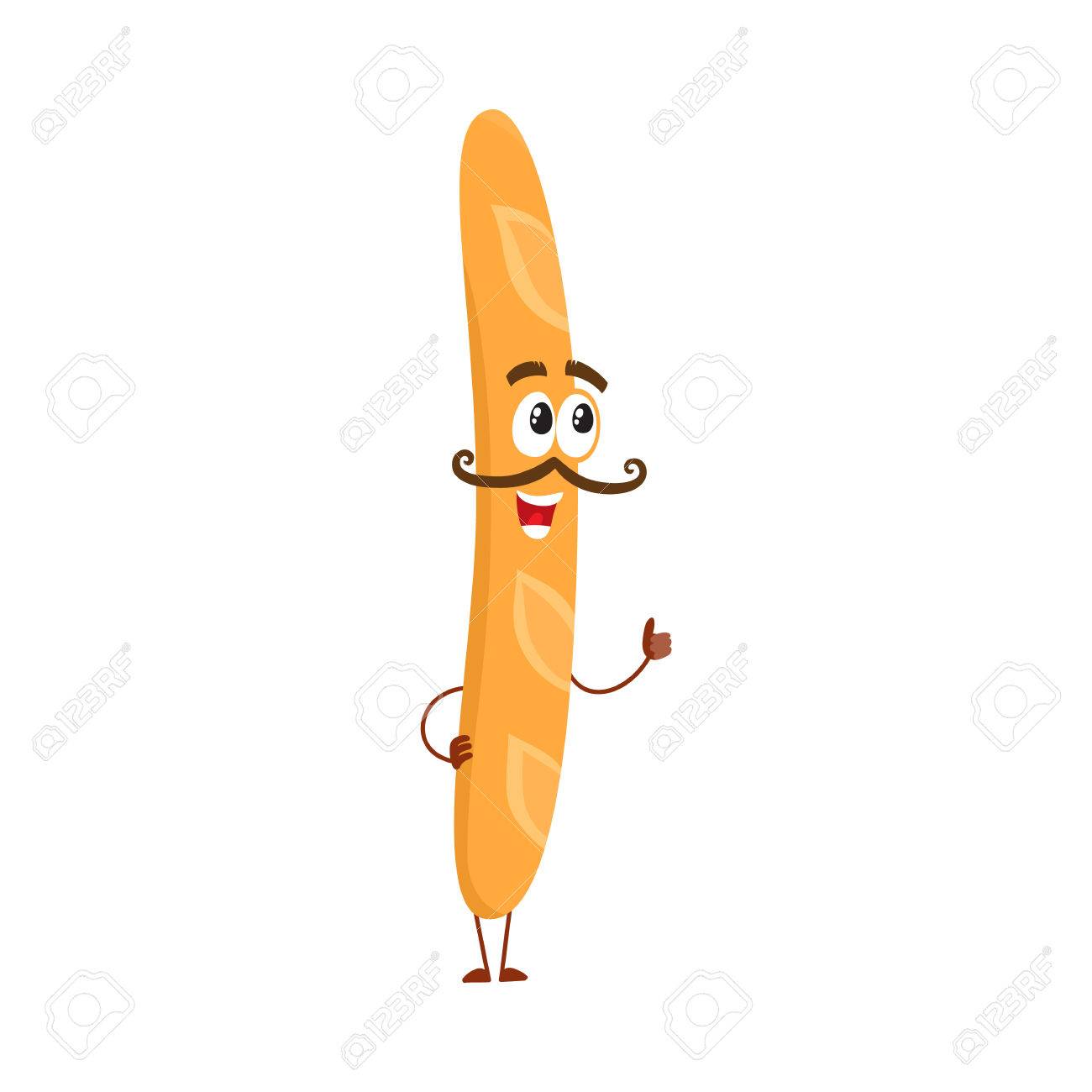 人間の顔と髭 白い背景で隔離の漫画ベクトル図を笑顔でフランスのバゲット 白い長いパン文字 サクサクのフランスパン キャラクター マスコットの笑顔のイラスト素材 ベクタ Image 78265168