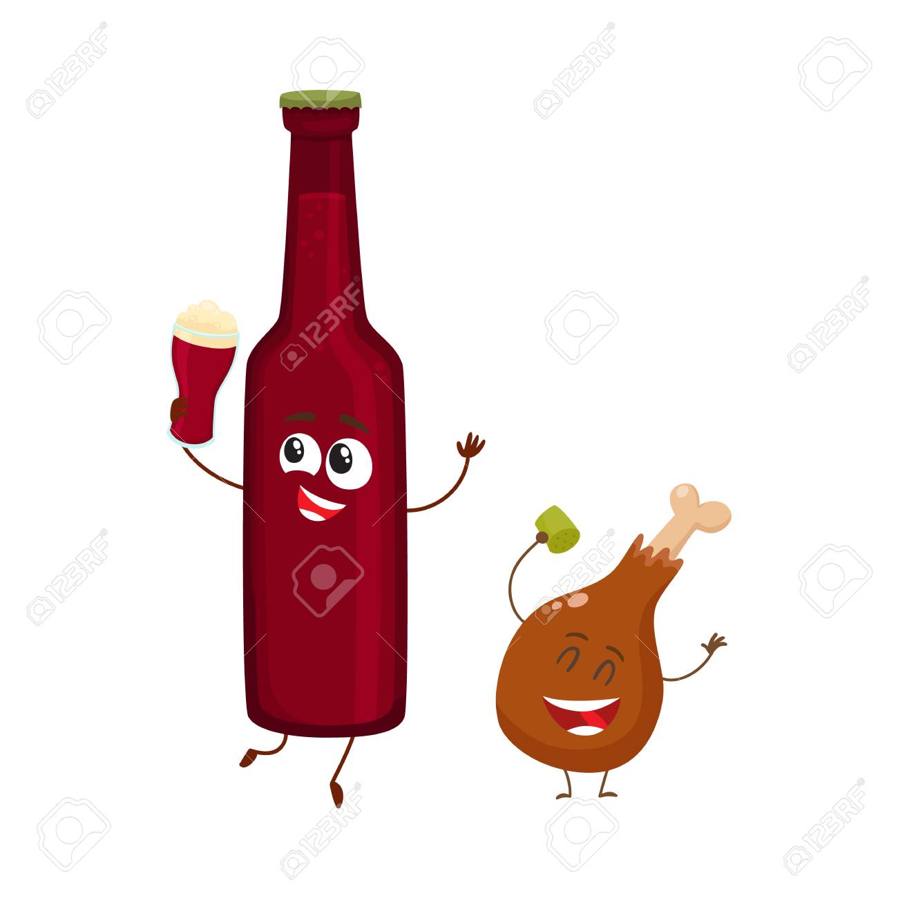 Funny Beer Bottle And Fried Chicken Leg Characters Having Fun Cartoon Vector Illustration Isolated On White Background Funny Smiling Beer Bottle And Chicken Leg Drumstick Having Party Together Royalty Free Cliparts Vectors