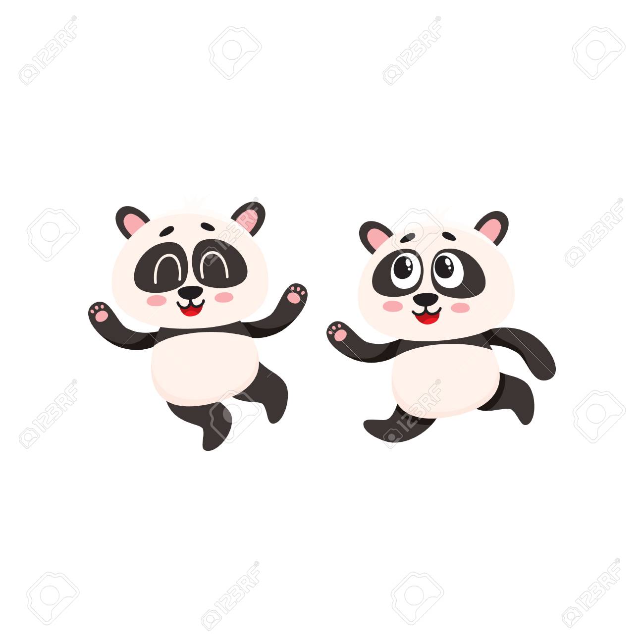 Two Cute And Funny Baby Panda Characters Running Hurrying