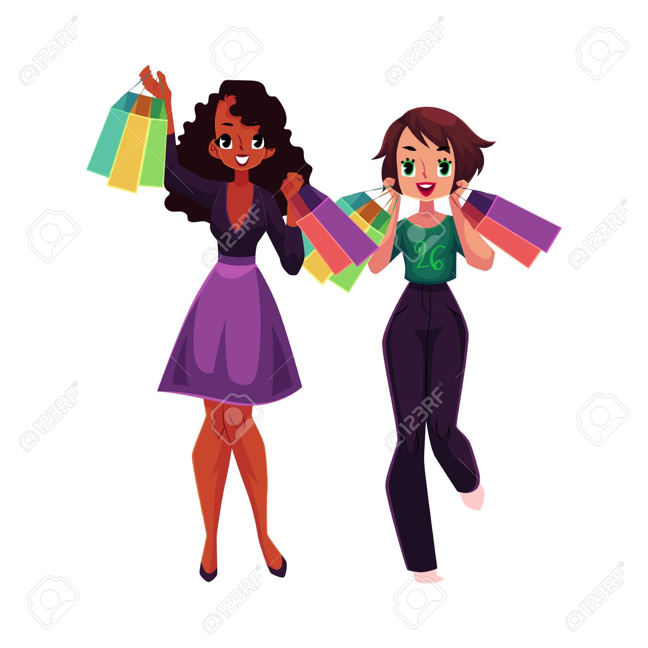Two Happy Black And Caucasian Women Girls Friends With Shopping Bags Cartoon Vector Illustration Isolated On White Background Couple Of Girls Women With Shopping Bags Happy Shopping Concept Royalty Free Cliparts Vectors