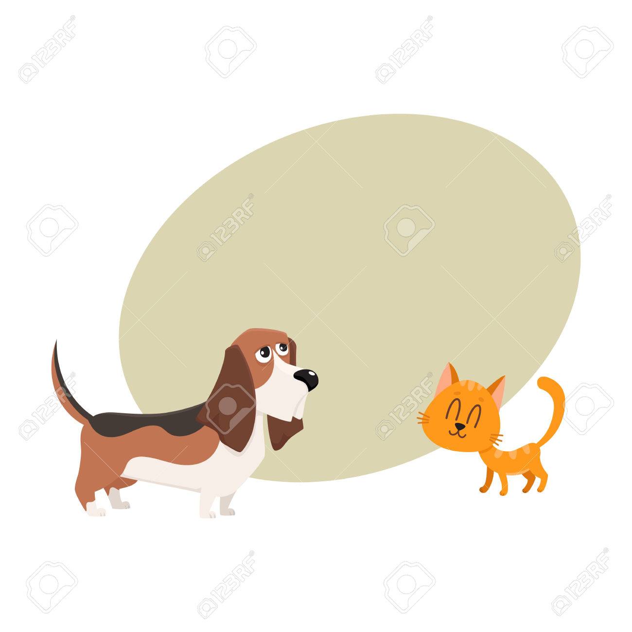 Basset Hound Chien Et Chat Rouge Personnages De Chaton Animaux De Compagnie Notion Damitié Illustration De Vecteur De Dessin Animé Avec Un Espace