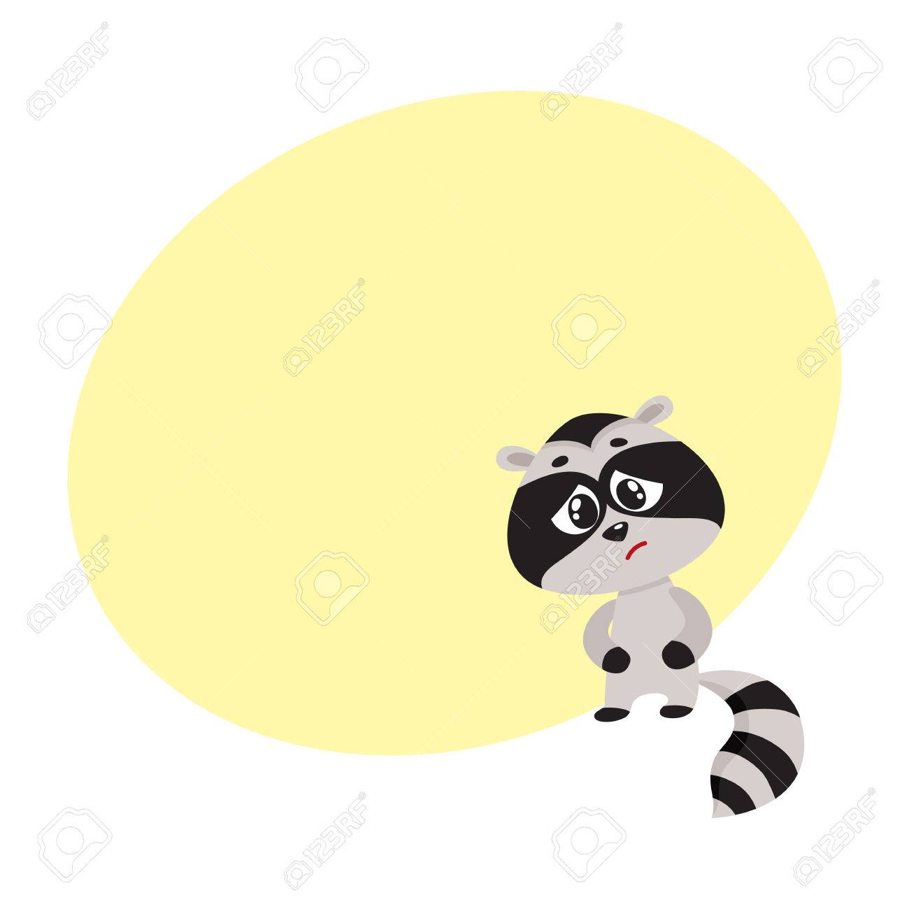 病気の赤ちゃんアライグマ立っている足の胃 疝痛 けいれん 腹痛 テキスト用のスペースと漫画ベクトル図を有するします 病気の胃の痛み けいれん 疝痛を持つ小さなタヌキのイラスト素材 ベクタ Image