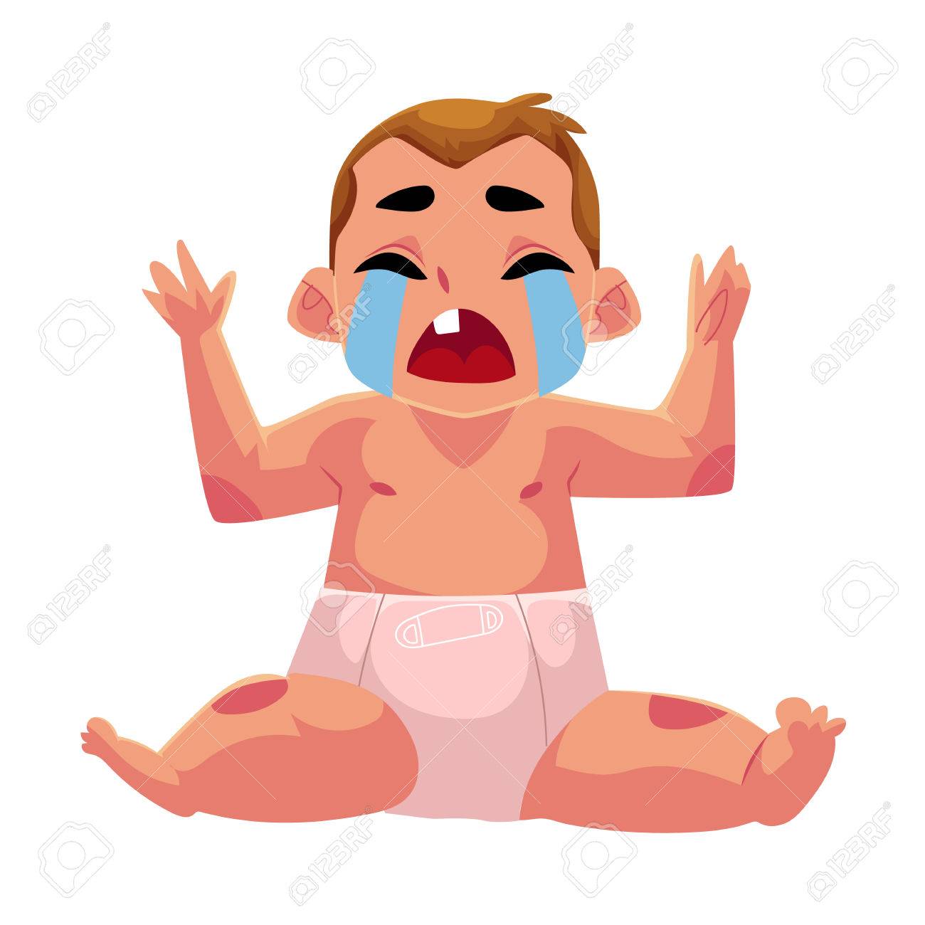 Portrait De Facade De Mignon Petit Bebe Enfant Bebe Enfant En Couches Assis Et Pleurer Dur Illustration De Vecteur De Dessin Anime Isole Sur Fond Blanc Pleurer Petit Enfant Bebe Nourrisson En