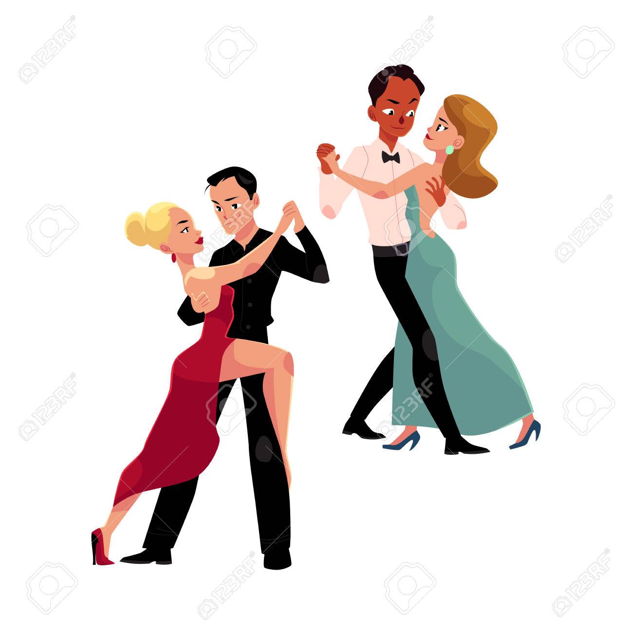 プロの社交ダンサー ダンスの 2 つのカップルは 白い背景で隔離のベクトル図を漫画 お互いを見てします タンゴ ワルツ ルンバを踊る社交ダンス カップルと 2 つ のイラスト素材 ベクタ Image