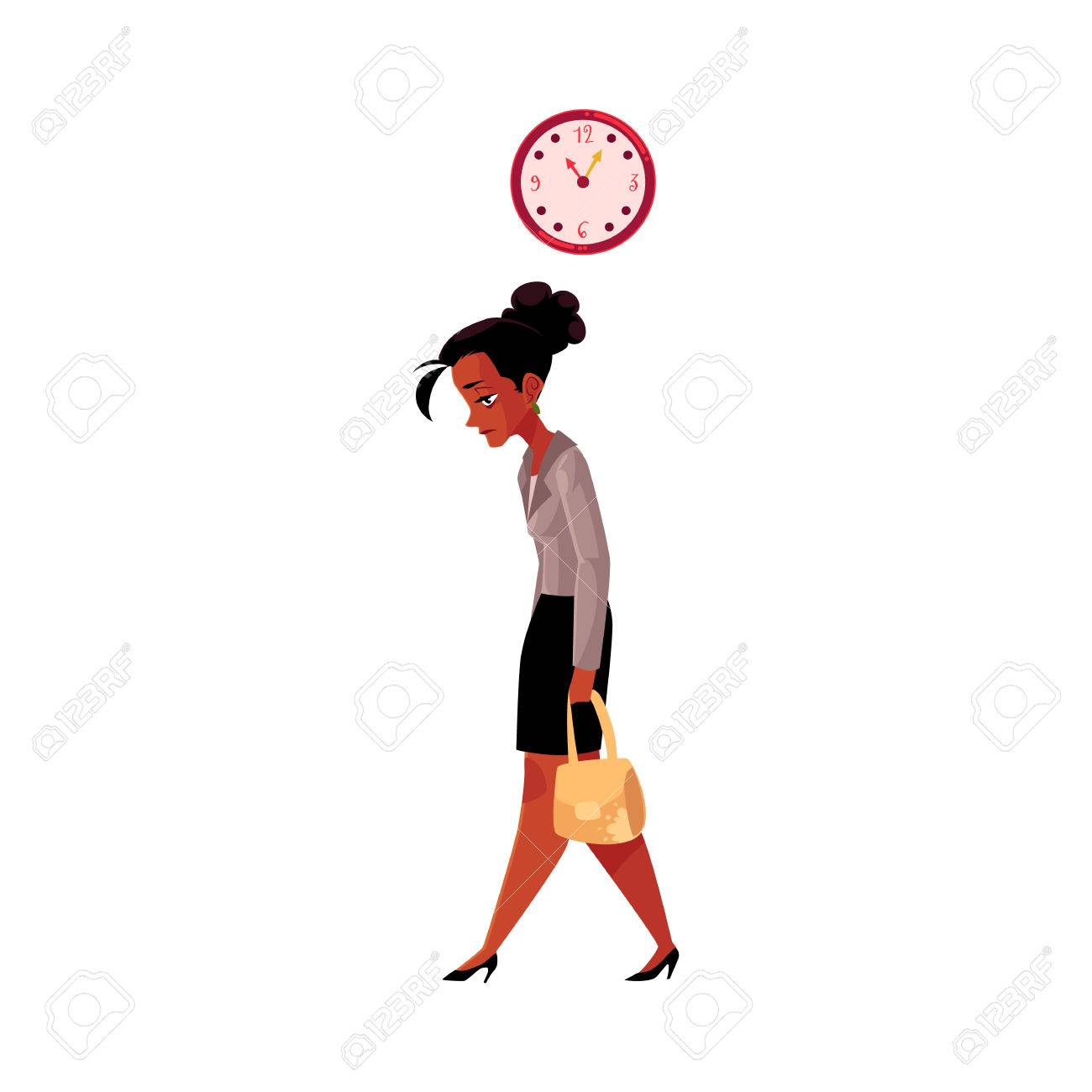 Tired black, African American businesswoman, going home after work, clock showing time, cartoon vector illustration isolated on white background. Black businesswoman sad, tired, going home from work - 80648795 Tired black, African American businesswoman, going home after work, clock showing time, cartoon vector illustration isolated on white background. Black businesswoman sad, tired, going home from work - 80648795