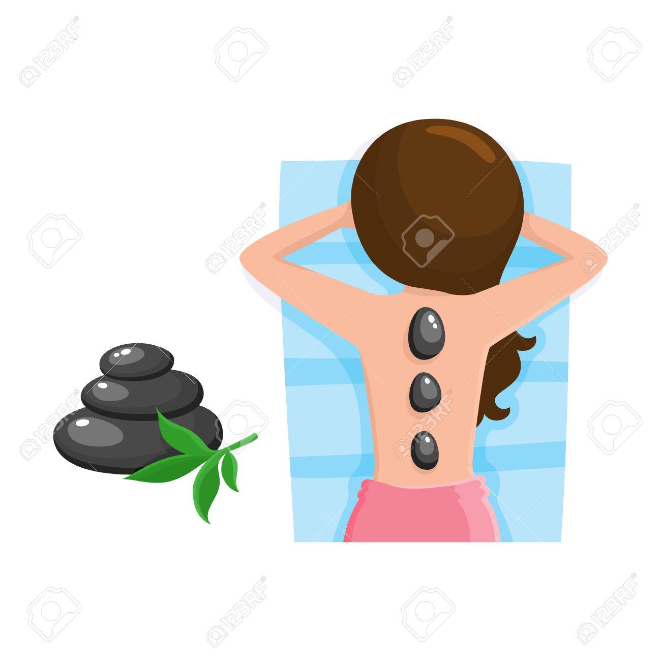 若い女性スパ サロンでホットな石のマッサージを取得します のイラスト素材 ベクタ Image