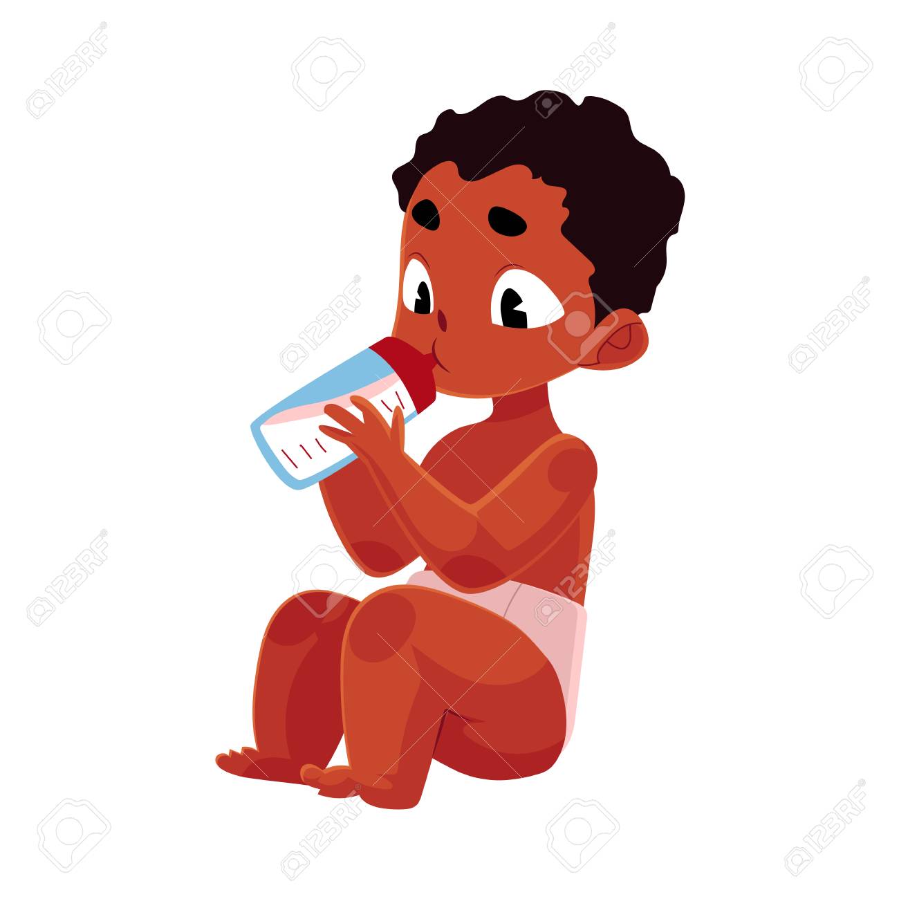 Joli Petit Bebe Afro Americain Noir En Couche Culotte Tenant Une Bouteille De Lait Manger Illustration De Vecteur De Dessin Anime Isole Sur Fond Blanc Noir Bebe Afro Americain En Couche Avec Biberon Clip Art