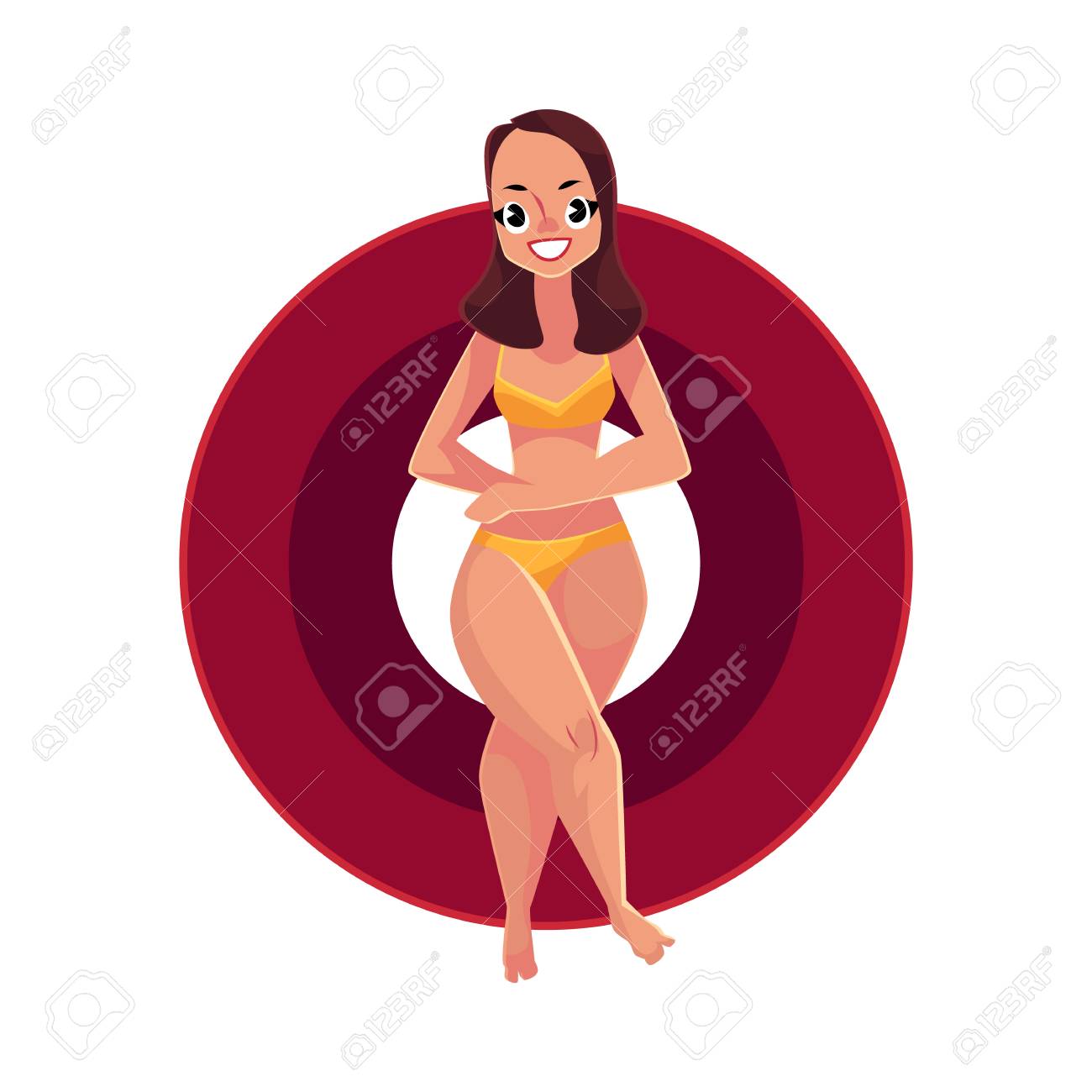 若い可愛い女の子 フローティング インフレータブル リング 白い背景で隔離トップ漫画ベクトル図で休んでビキニの女です 若い幸せな女 インフレータブル リングで泳いでいる少女 のイラスト素材 ベクタ Image