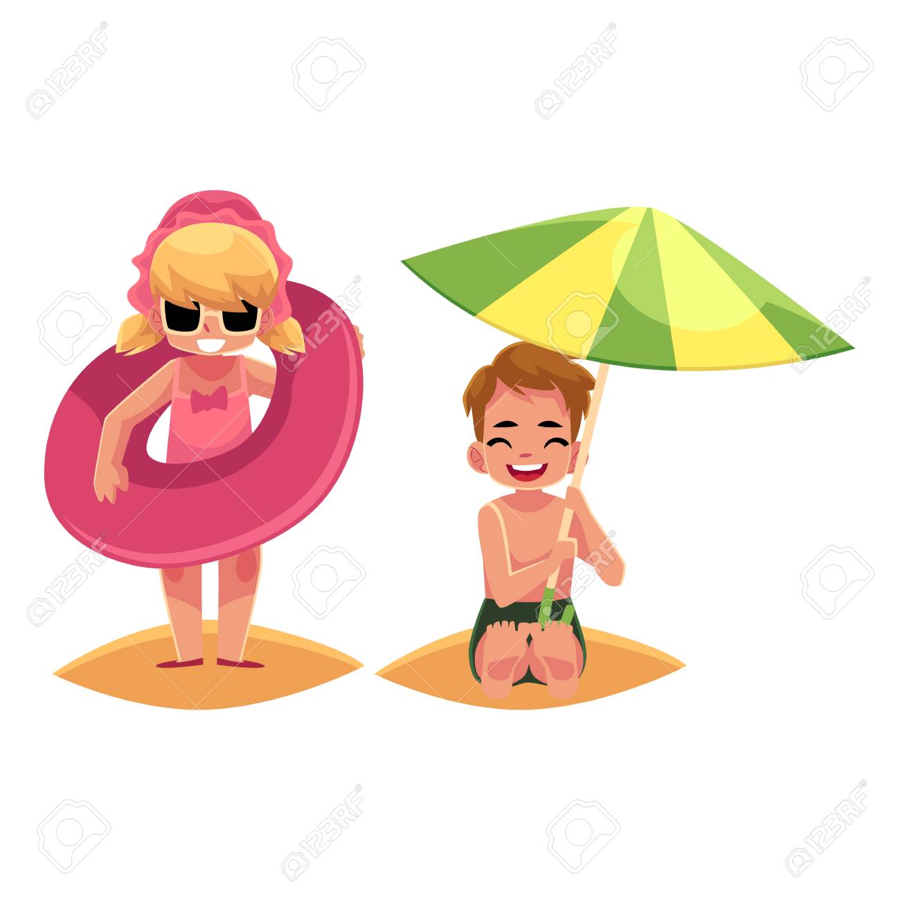 Petite Fille Jouant Sur La Plage Avec Anneau Gonflable Et Petit Garçon Se Cachant Du Soleil Sous Le Grand Parasol Vacances Dété Illustration De