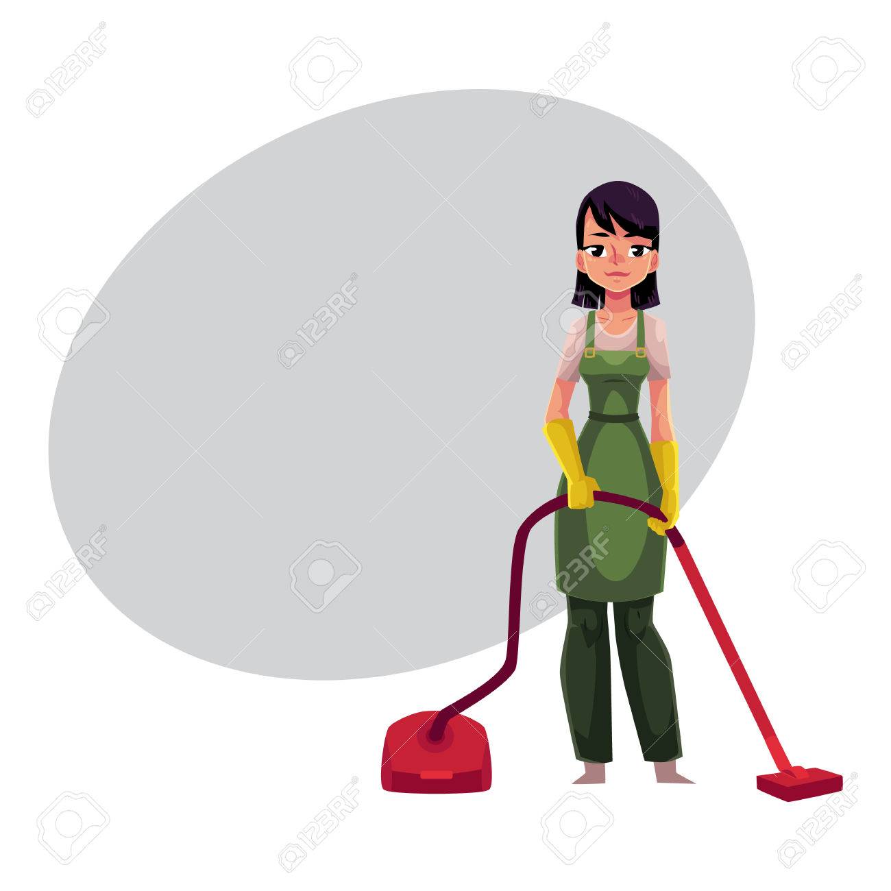 Femme De Service De Nettoyage Femme De Menage En Combinaison Debout Avec Aspirateur Illustration De Vecteur De Dessin Anime Avec Un Espace Pour Le Texte Service De Nettoyage Fille En Uniforme En