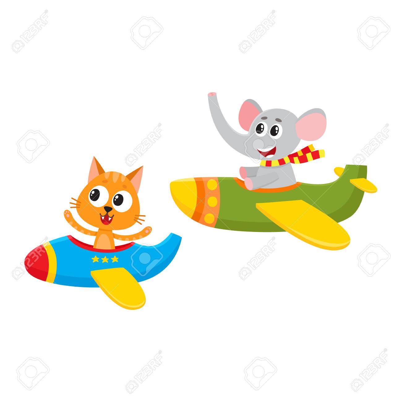 猫と象 飛行機で飛んでかわいい面白い動物パイロットのキャラクター漫画 白い背景で隔離のベクトル図です 飛行機で飛んで少しの赤ちゃん猫と象の文字のイラスト素材 ベクタ Image