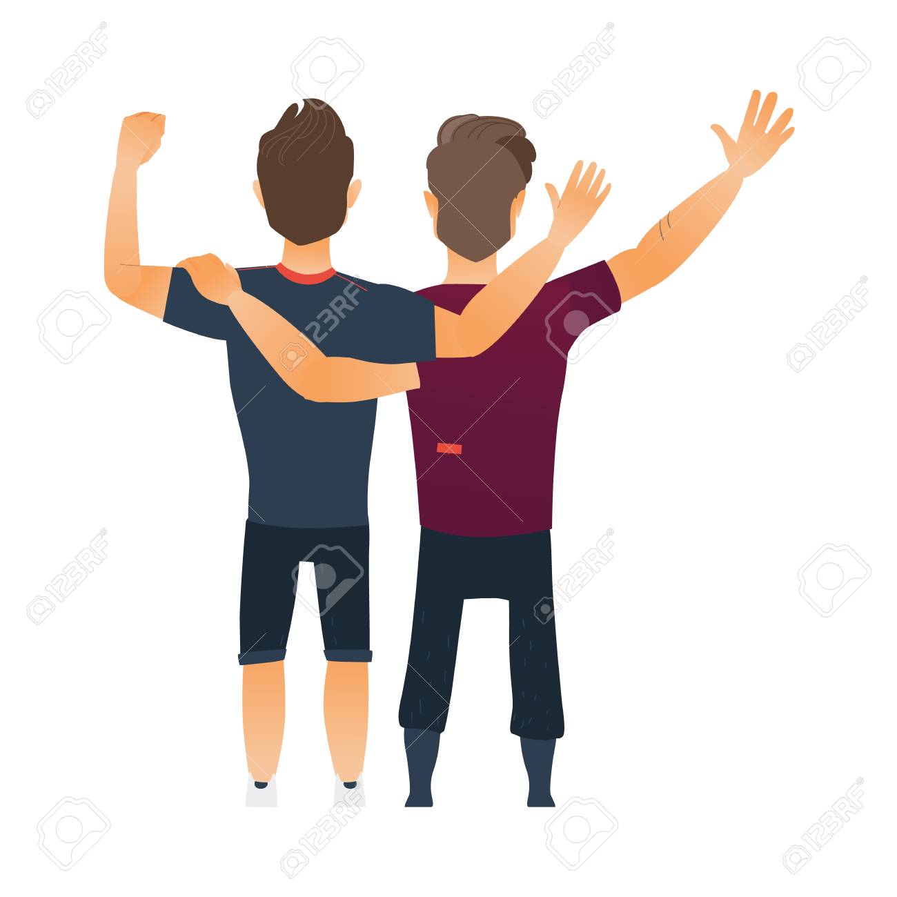 男の友情 二人の少年 男性 友人 お互いを抱いて手を振って 白い背景で隔離の漫画ベクトル図です 男の子 男性は 立って 友人の背面縦抱き合っのイラスト素材 ベクタ Image