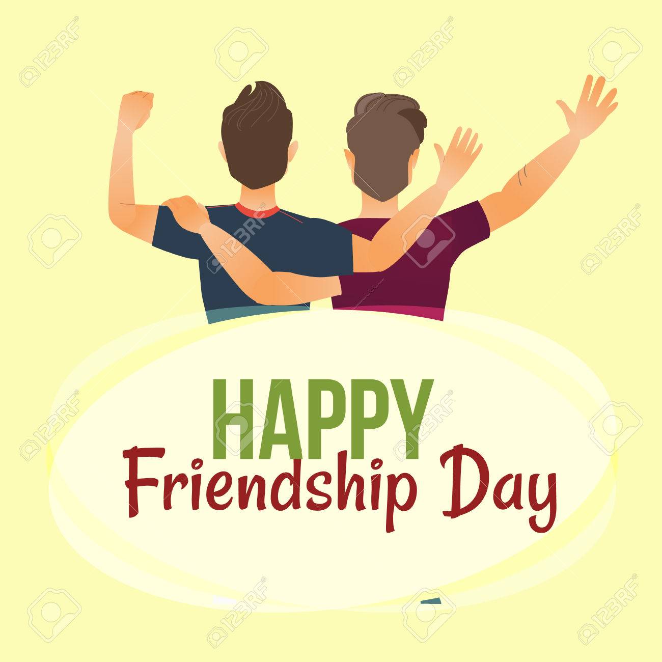 Happy Friendship Day Greeting Card With Back View Of Two Men, Friends Hugging, Cartoon Vector Illustration On White Background. Back View Portrait Of Male Friends, Friendship Day Greeting Card Royalty Free Cliparts,