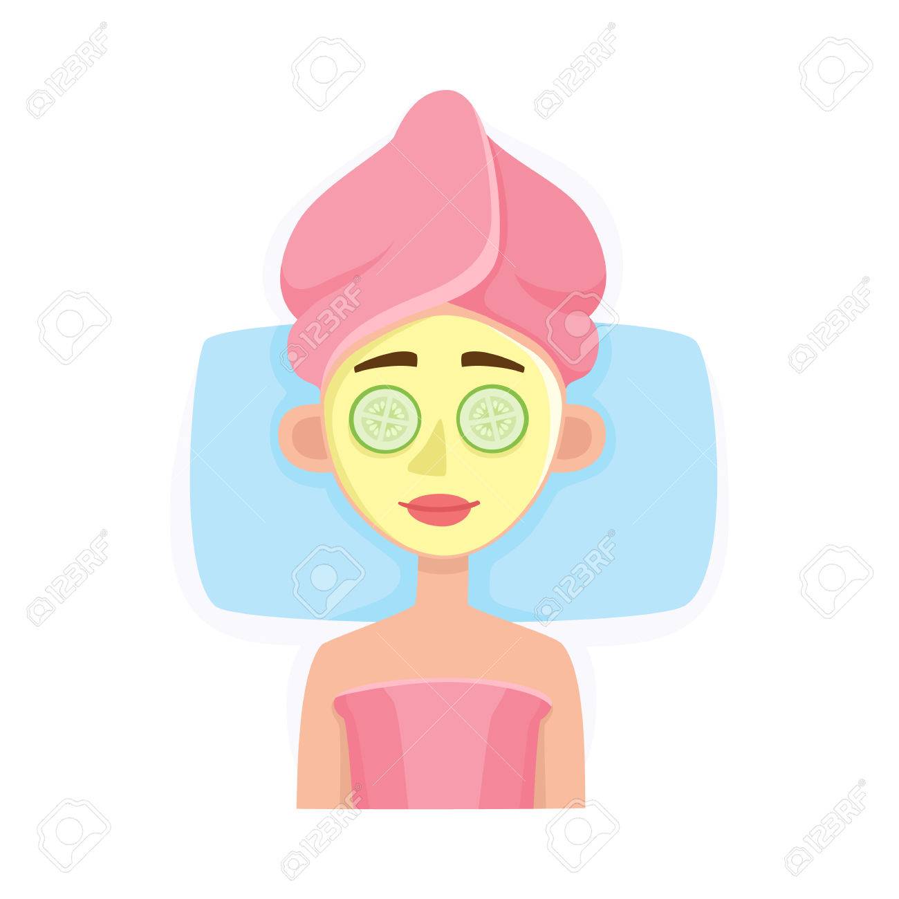 若い女性がスパ サロン 白い背景の上トップ漫画ベクトル図の顔のマスクを取得します のイラスト素材 ベクタ Image